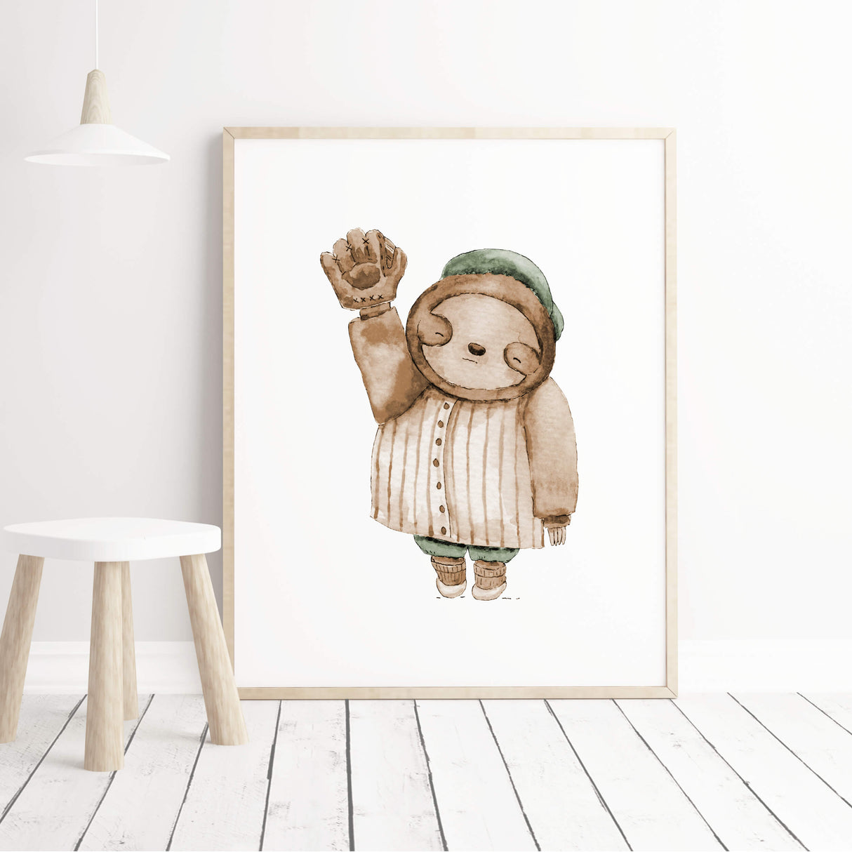 Watercolor baseball animal print with sloth in sage green, brown, beige colors for gender neutral nursery decor, baby boys room decor, toddler room decor.