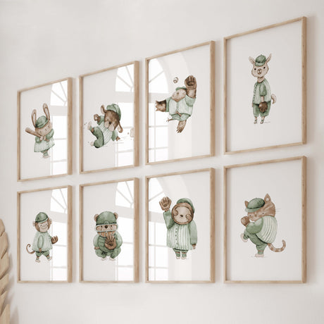 Watercolor baseball animal print in sage green, brown, beige colors for gender neutral nursery decor, baby boys room decor, toddler room decor, animals: bunny, dog, owl, llama, monkey, bear, sloth, cat.