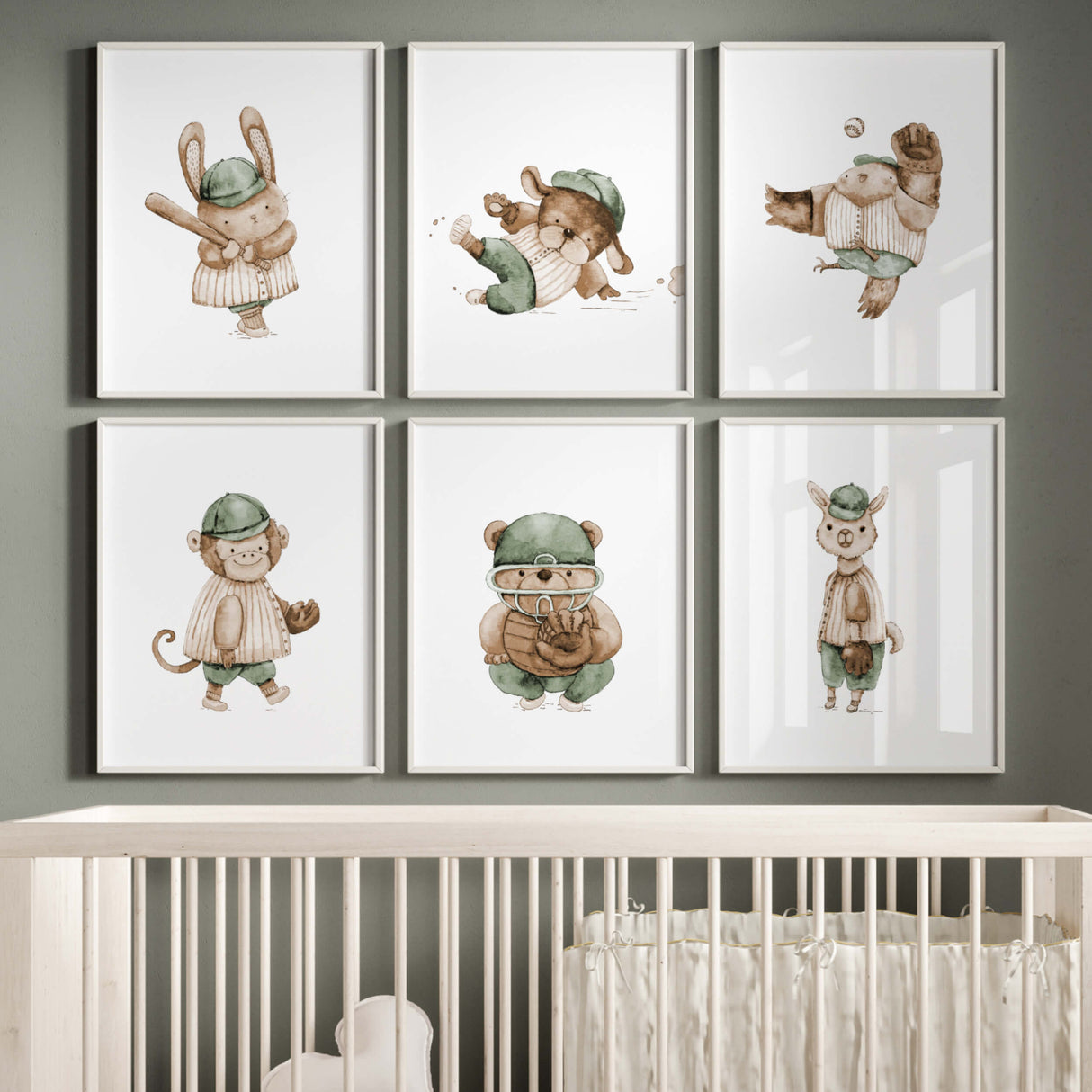 Baseball Nursery Prints with Animals - Sage Green - Beige - Brown - Boys - Set of 6