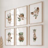 Watercolor baseball animal print in sage green, brown, beige colors for gender neutral nursery decor, baby boys room decor, toddler room decor, animals: bunny dog, owl, monkey, bear, llama.