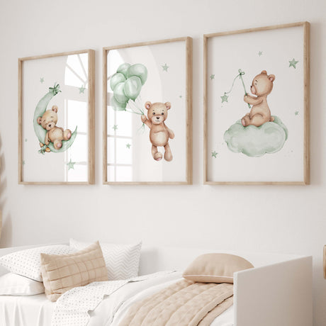 Set of 3 watercolor teddy bear print with balloon, airplane, moon in sage green and brown colors for gender neutral nursery decor.