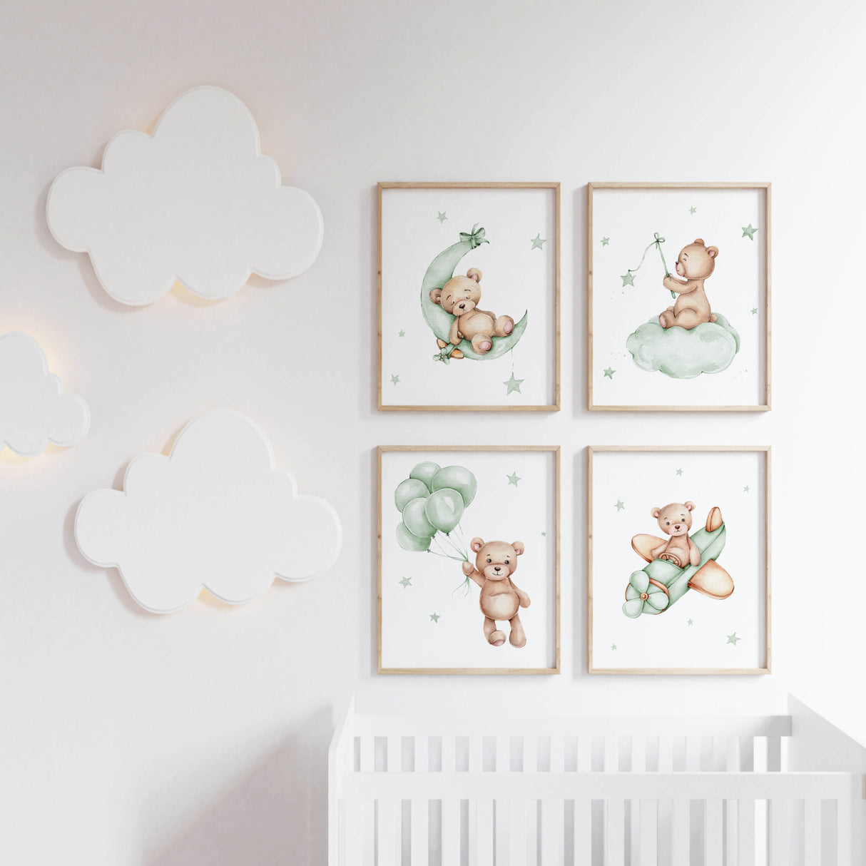 Set of 4 watercolor sage green teddy bear print for gender neutral nursery decor and ideas.