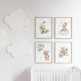 Set of 4 watercolor sage green teddy bear print for gender neutral nursery decor and ideas.