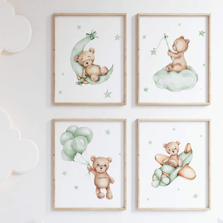 Set of 4 watercolor sage green teddy bear print for gender neutral nursery decor and ideas, includes teddy bear on the moon, cloud, with balloon and in airplane.