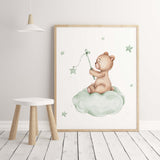 Watercolor teddy bear poster on the cloud  in sage green and brown colors for white and sage green nursery decor.