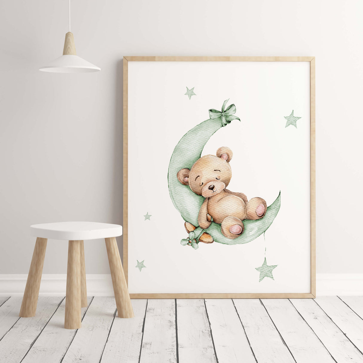 Watercolor teddy bear poster on the moon  in sage green and brown colors for gender neutral nursery decor.