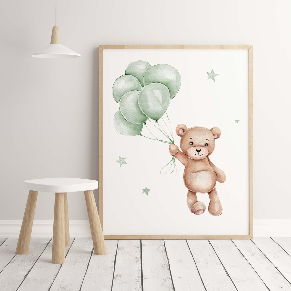 Watercolor teddy bear printable with balloon in sage green and brown colors for gender neutral nursery decor.