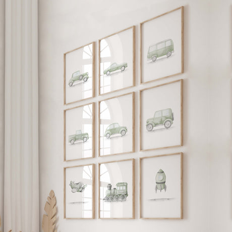 Watercolor sage green transport print with vintage cars, airplane, train, spaceship for toddler room decor and baby boys room decor, sage green nursery decor, sage green kids room decor.