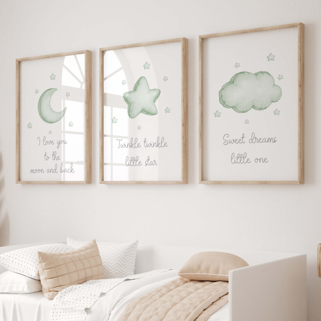 Set of 3 watercolor star, cloud, moon nursery printable with quote in sage green and gray colors for gender neutral nursery decor, quote: I love you to the moon and back, Twinkle twinkle little star, Sweet dreams little one.