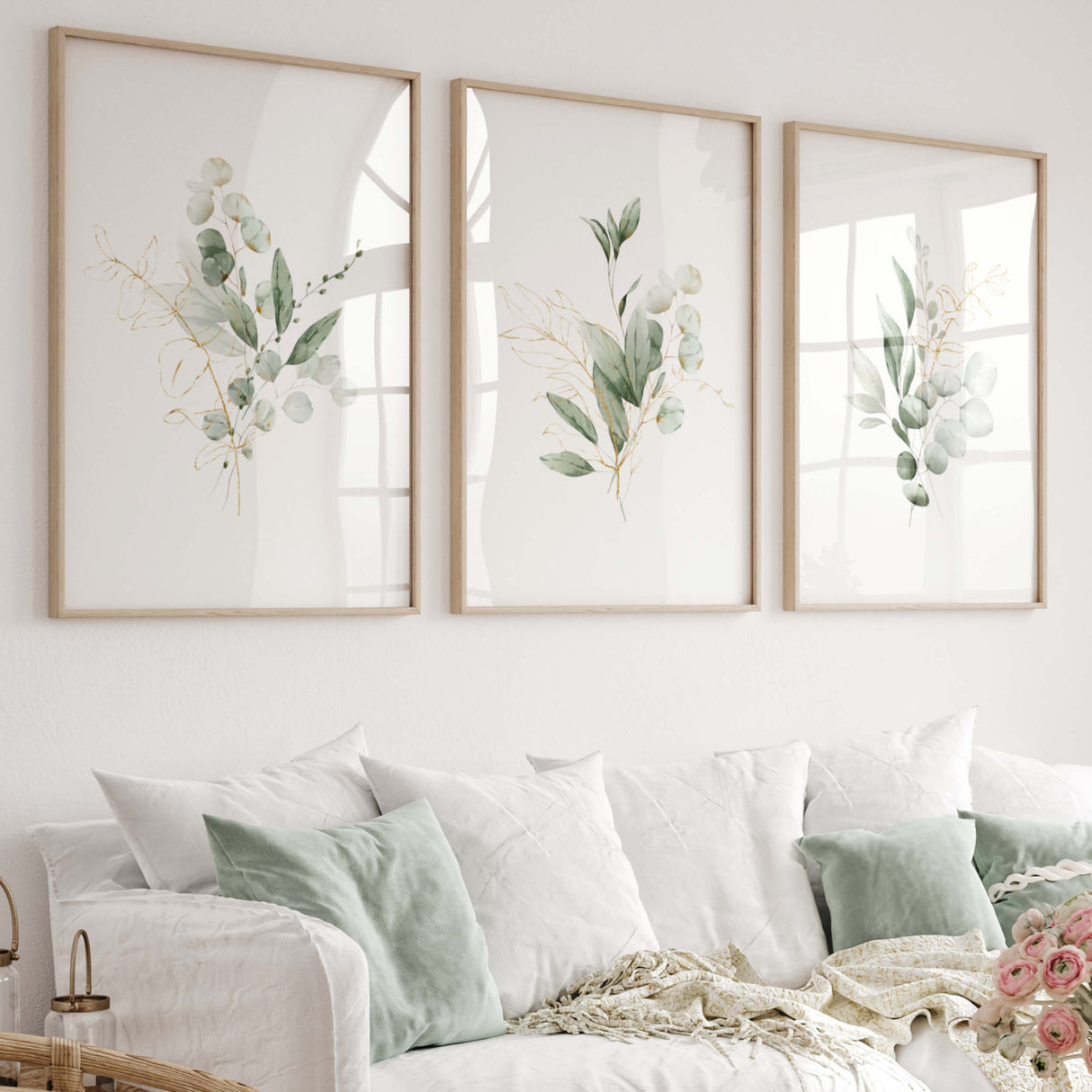 Set of 3 watercolor greenery print with gold for neutral home decor.