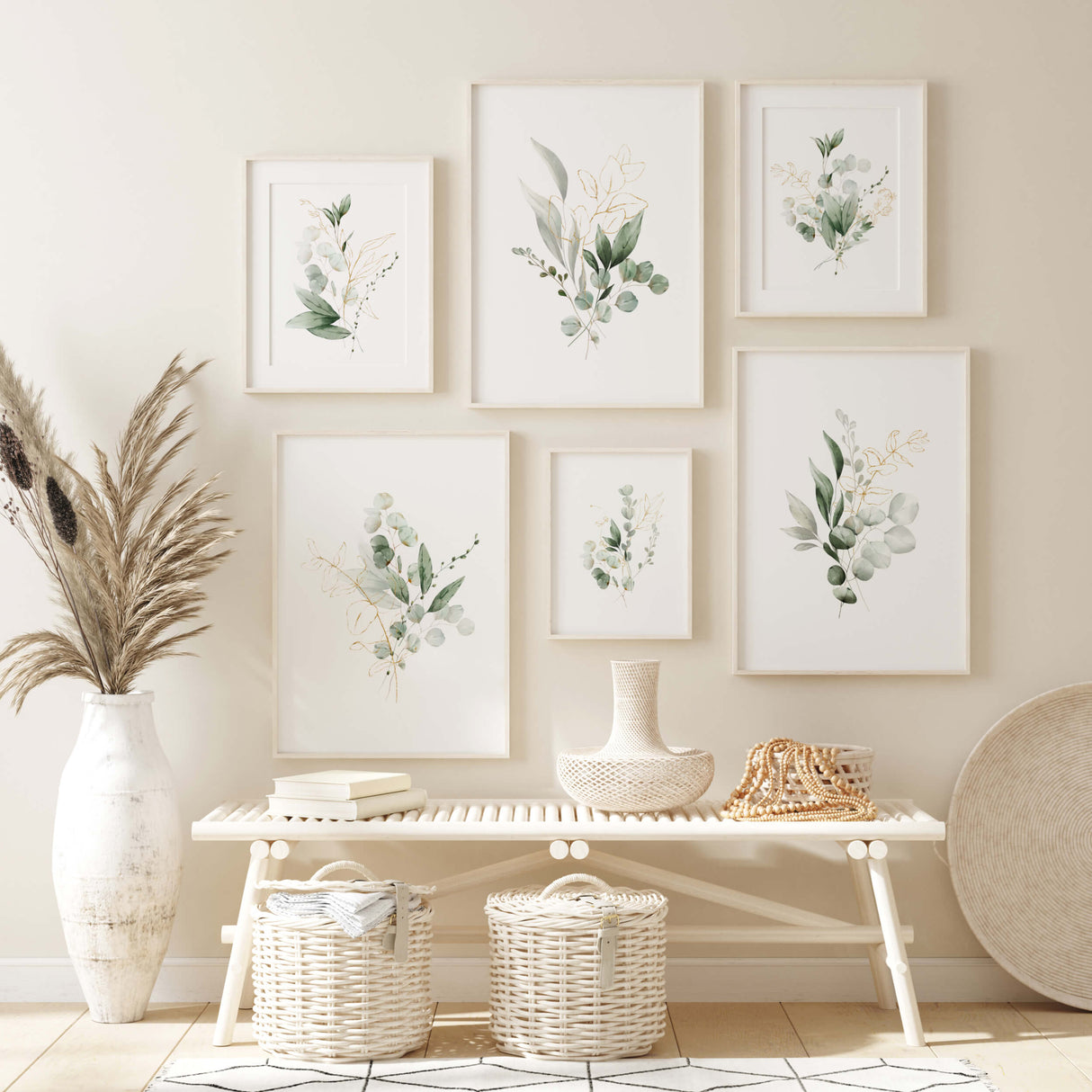 Set of 6 greenery botanical printable for neutral home decor.