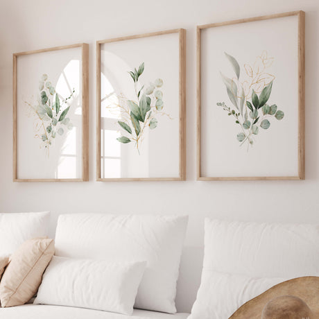 Set of 3 watercolor greenery print for neutral home decor.