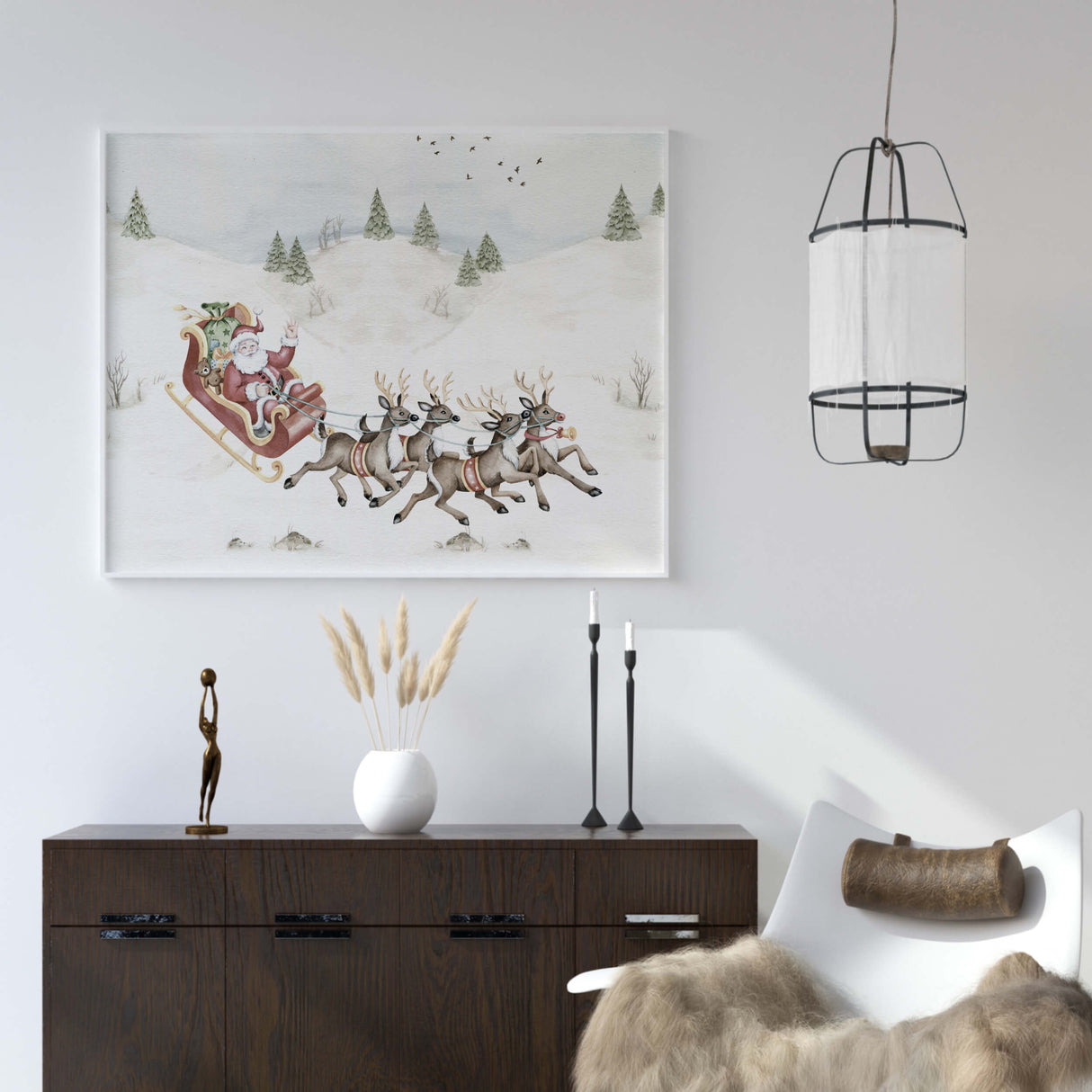 Winter Landscape Nursery Print with Santa's Sleigh with Deer for christmas nursery decor.