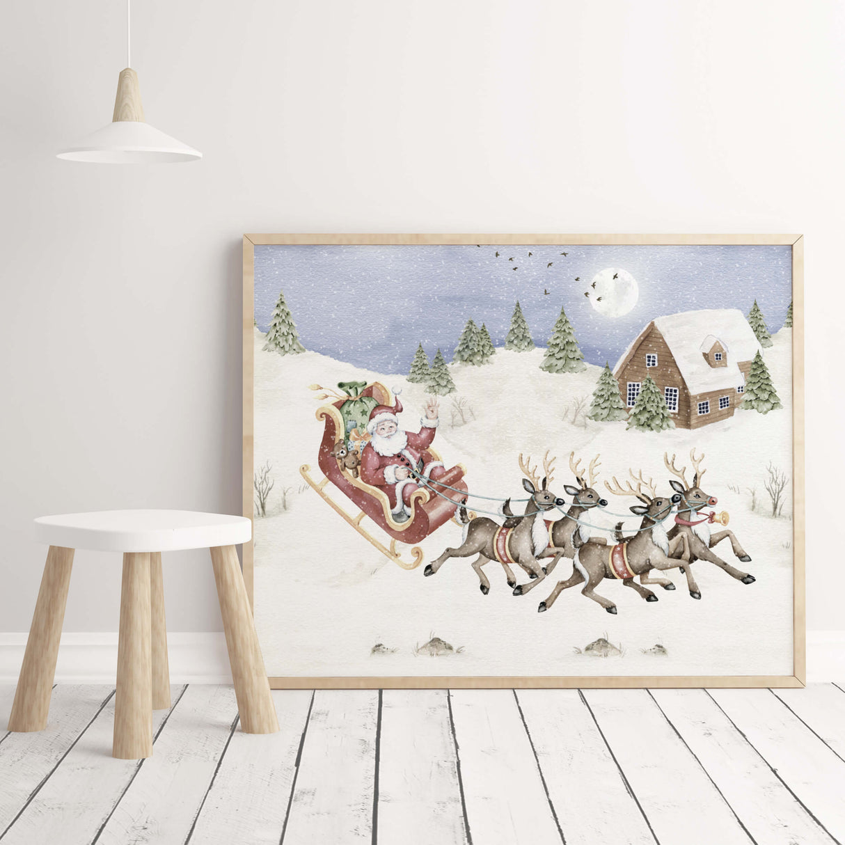 Winter Landscape Nursery poster with Santa's Sleigh with Deer for christmas nursery decor.