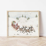 Winter Landscape Nursery Print with Santa's Sleigh with Deer for christmas nursery decor.