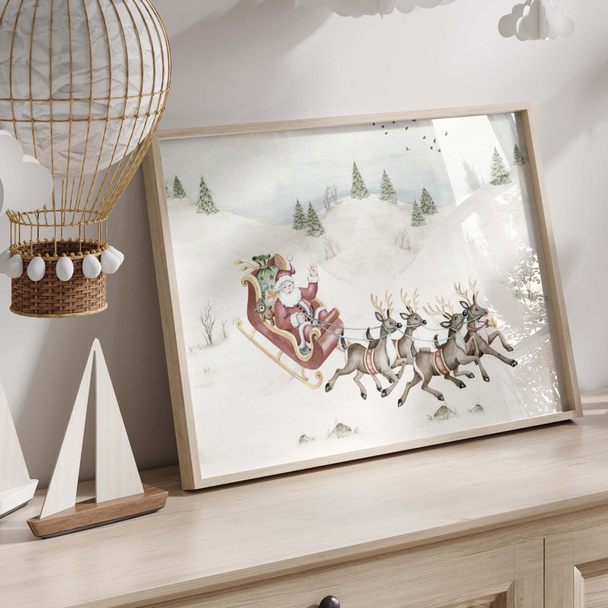 Winter Landscape Nursery Print with Santa's Sleigh with Deer for christmas nursery decor.