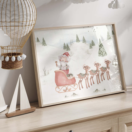 Watercolor Santa Claus with sleigh and deer print for christmas nursery decor. 