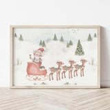 Watercolor Santa Claus with sleigh and deer printable for christmas nursery decor. 