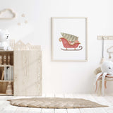 Watercolor Santa's sleigh print for neutral christmas decor.