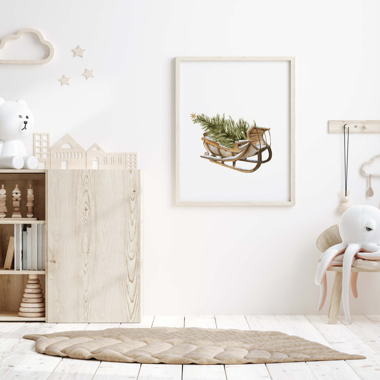 Watercolor Santa's sleigh with Christmas tree for christmas wall decor.