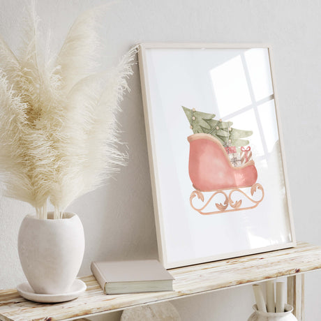 Watercolor Santa's sleigh print for christmas nursery decor.