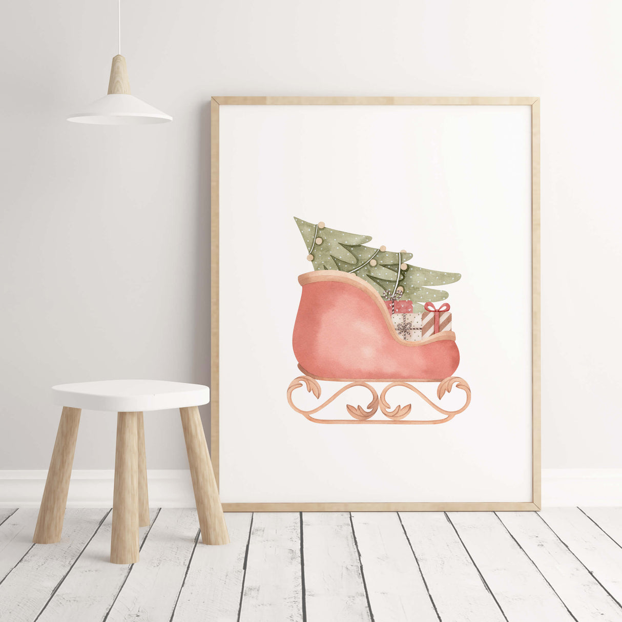 Watercolor Santa's sleigh print for winter nursery decor.