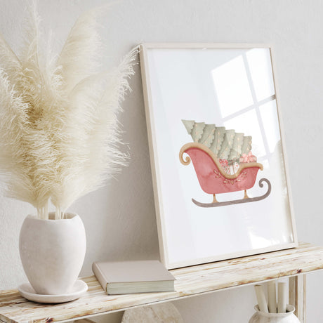 Watercolor Santa's sleigh print for neutral christmas decor.