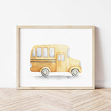 Watercolor school bus print for toddler, boys and neutral nursery room decor.