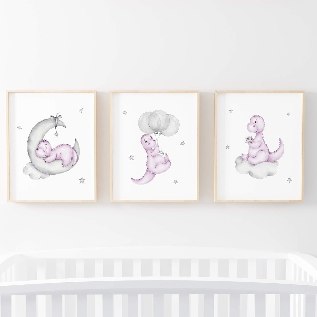 Set of 3 watercolor dinosaur in purple, lilac, gray print for baby girls room decor, purple gray nursery decor, lilac gray nursery decor.