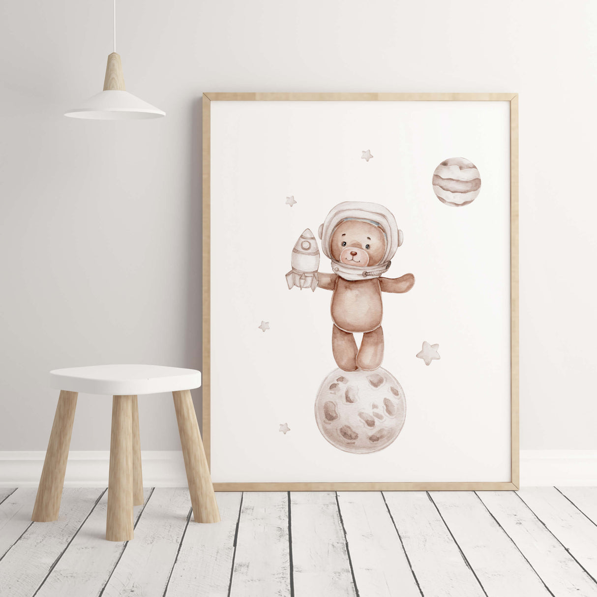 Watercolor astronaut teddy bear in space print with beige and brown colors for gender neutral nursery decor and beige nursery decor.