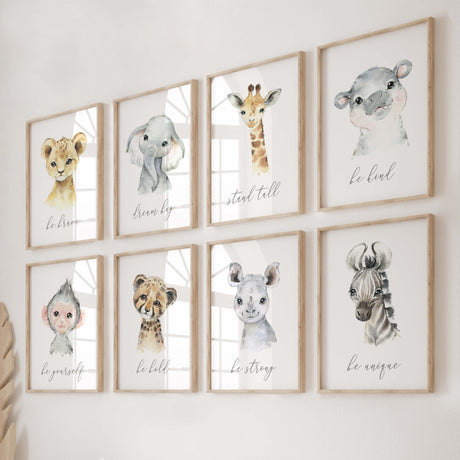 Set of 8 watercolor safari poster with inspirational quote for gender neutral nursery decor, boho nursery decor, includes: lion - be brave, Elephant - dream big, Giraffe - stand tall, Hippo - be kind, Zebra - be unique, monkey - be yourself, leopard - be bold, rhino - be strong.