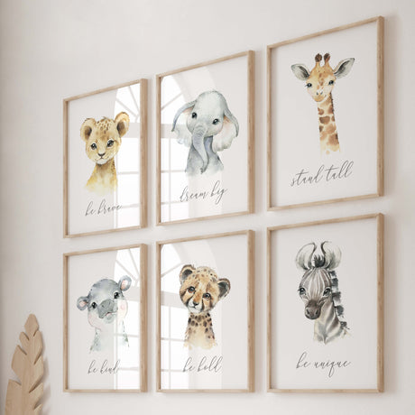 Set of 6 watercolor safari printable with inspirational quote for gender neutral nursery decor, boho nursery decor, includes: lion - be brave, Elephant - dream big, Giraffe - stand tall, Hippo - be kind, Zebra - be unique, leopard - be bold,