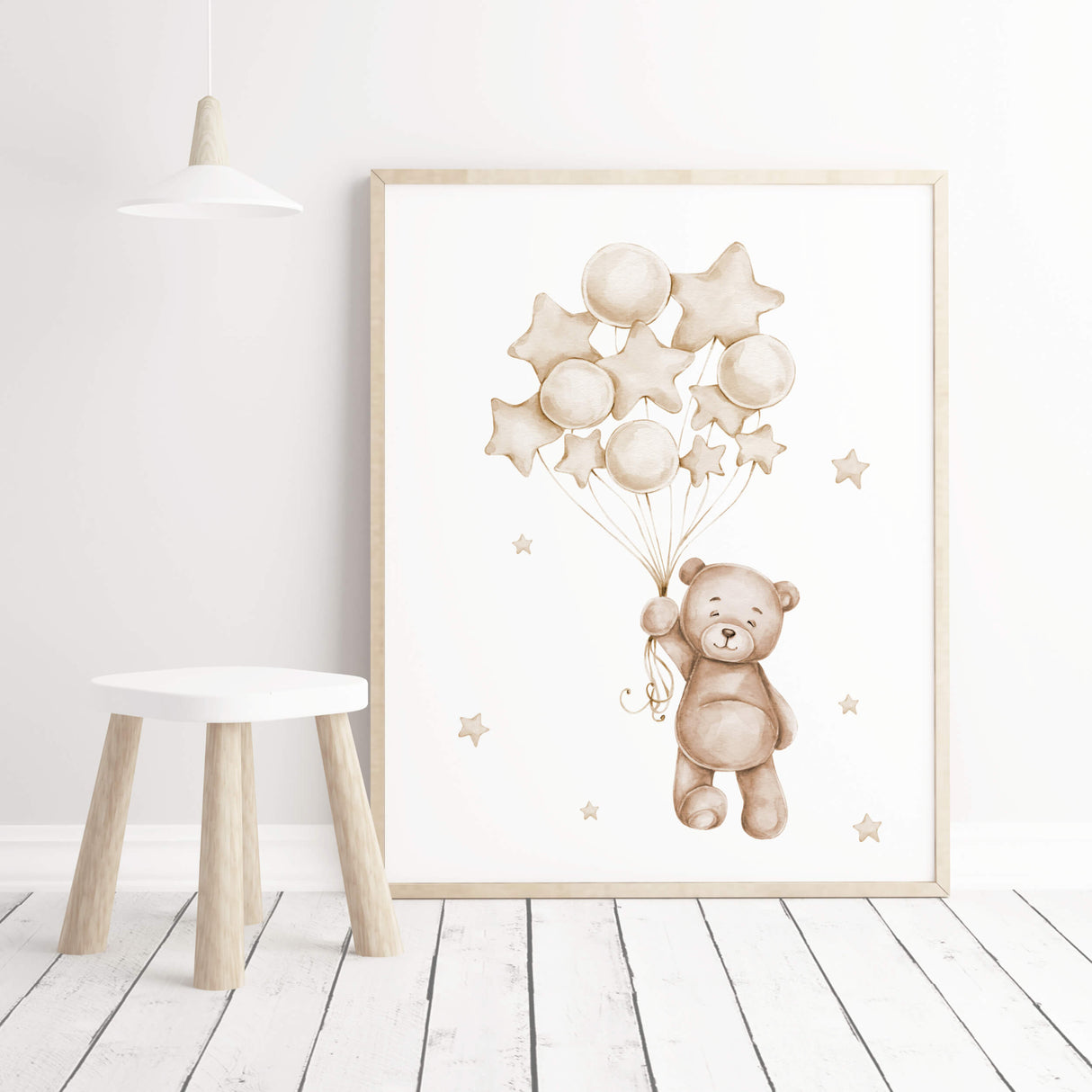 Watercolor teddy bear 
with balloon in beige and brown colors for gender neutral nursery ideas, decor, girls room decor, toddler room decor.