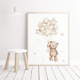 Watercolor teddy bear 
with balloon in beige and brown colors for gender neutral nursery ideas, decor, girls room decor, toddler room decor.