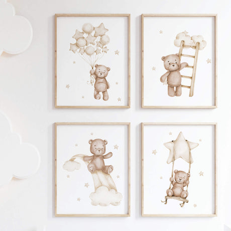 Set of 4 watercolor teddy bear print with beige and brown colors for gender neutral nursery ideas.