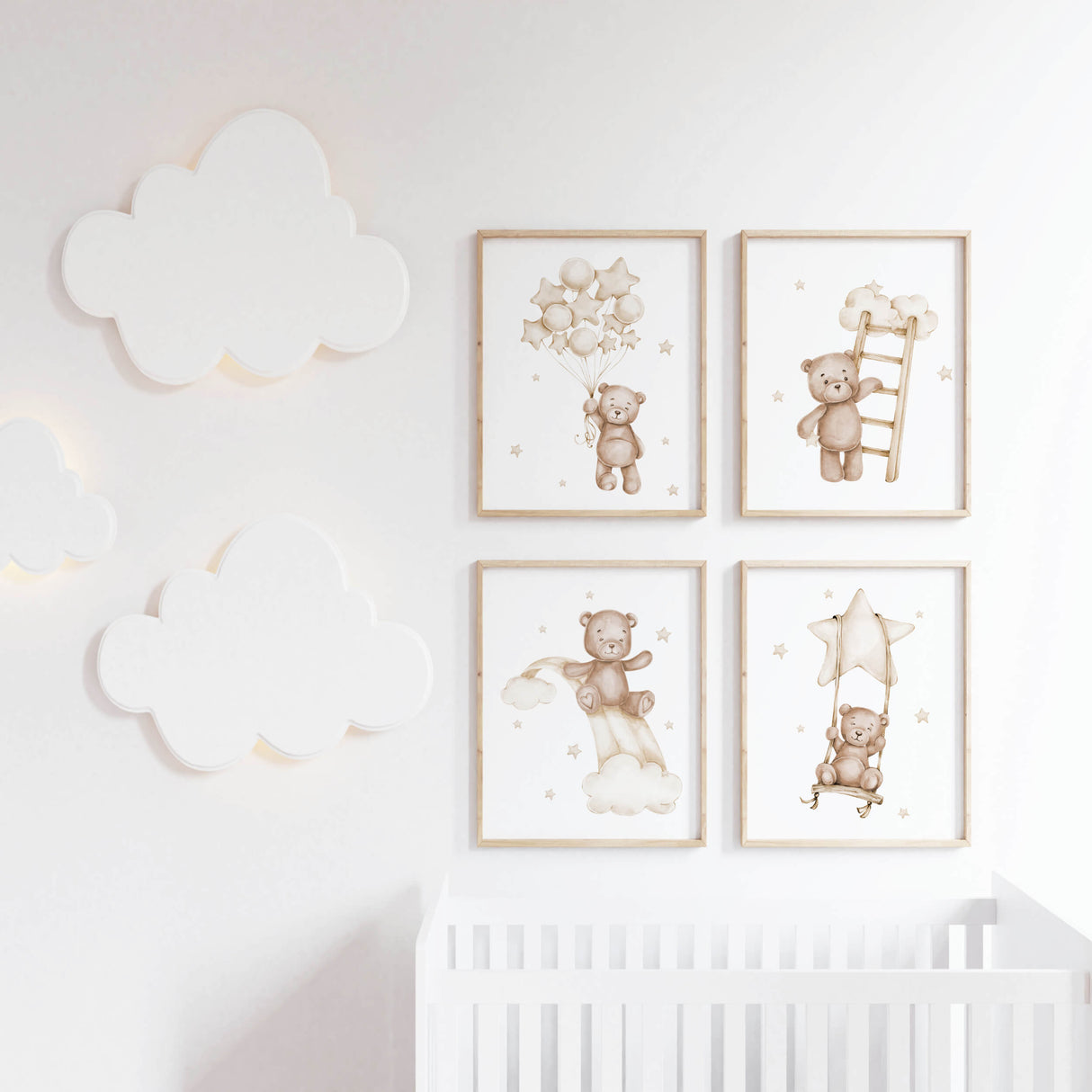 Set of 4 watercolor teddy bear printable with beige and brown colors for gender neutral nursery decor