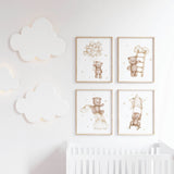 Set of 4 watercolor teddy bear printable with beige and brown colors for gender neutral nursery decor