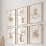 Set of 6 watercolor beige teddy bear prints for gender neutral nursery ideas.