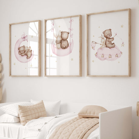 Set of 3 watercolor teddy bear with bunny print in light pink, brown and yellow colors for pastel baby girls room decor.