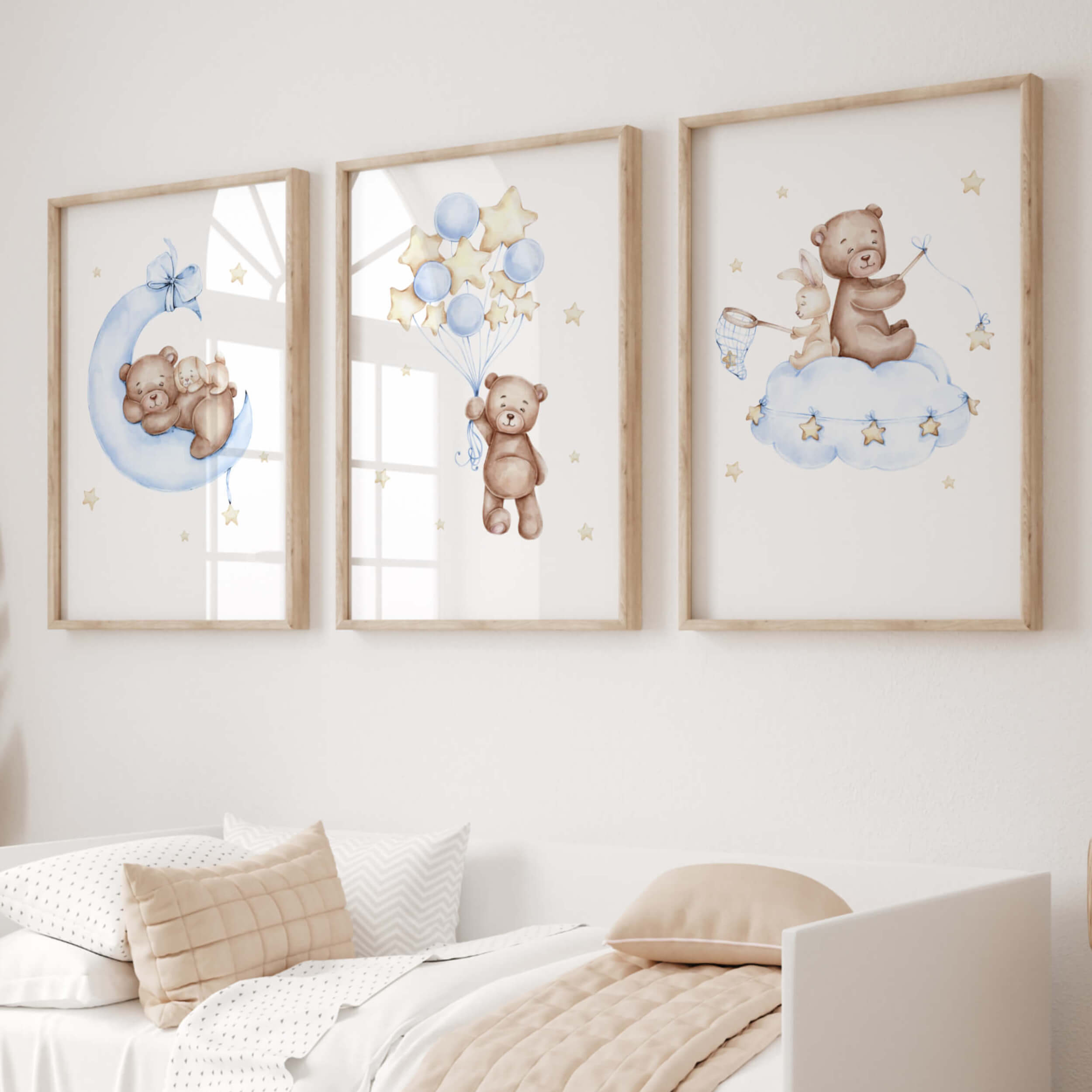 Teddy Bear With Bunny Nursery Prints Light Blue Yellow Set of 8 Neutral Nursery Decor