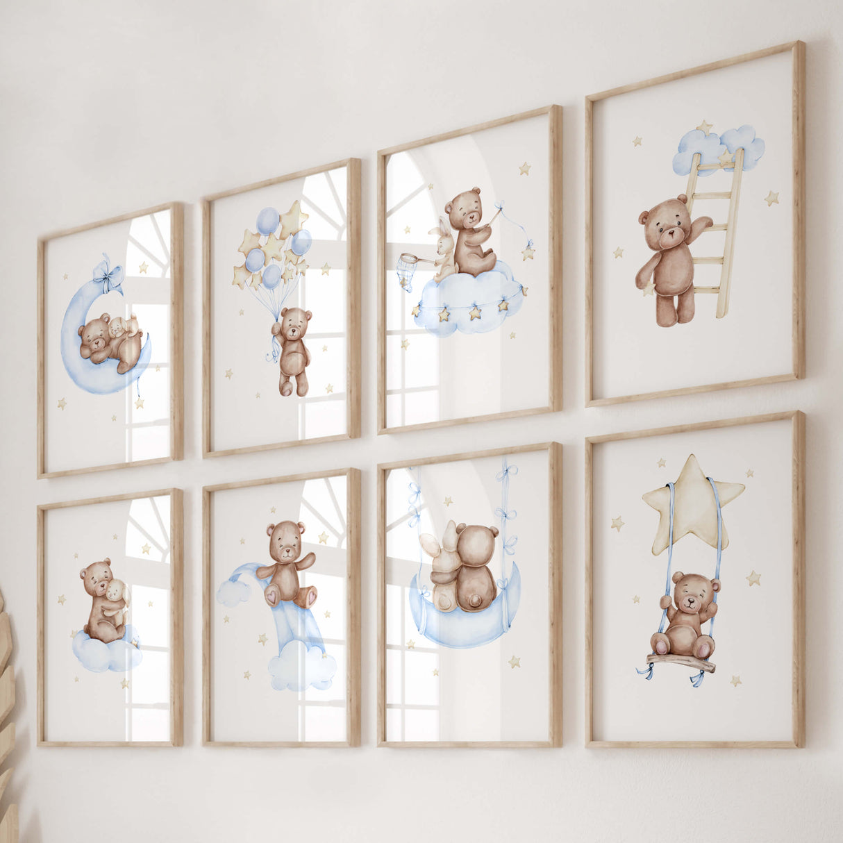 Set of 8 watercolor teddy bear with bunny print with light blue, yellow, brown colors for baby boys room decor, toddler room decor.