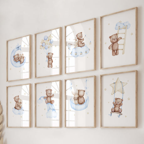 Set of 8 watercolor teddy bear with bunny print with light blue, yellow, brown colors for baby boys room decor, toddler room decor.