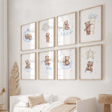 Set of 8 watercolor teddy bear with bunny printable with light blue, yellow, brown colors for baby boys room decor, toddler room decor.