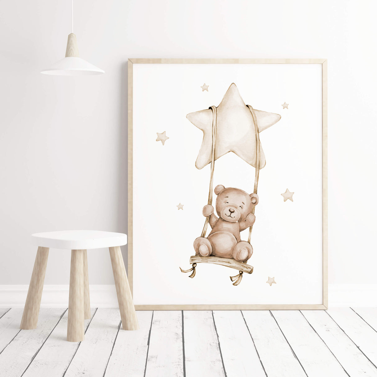 Watercolor teddy bear 
on a swing in beige and brown colors for gender neutral nursery ideas, decor, girls room decor, toddler room decor.