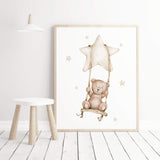 Watercolor teddy bear 
on a swing in beige and brown colors for gender neutral nursery ideas, decor, girls room decor, toddler room decor.