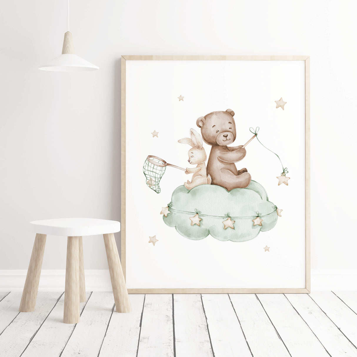 Watercolor teddy bear with bunny on the cloud print in brown, beige, yellow and sage green colors print for gender neutral nursery decor and toddler room decor, baby girls room decor.