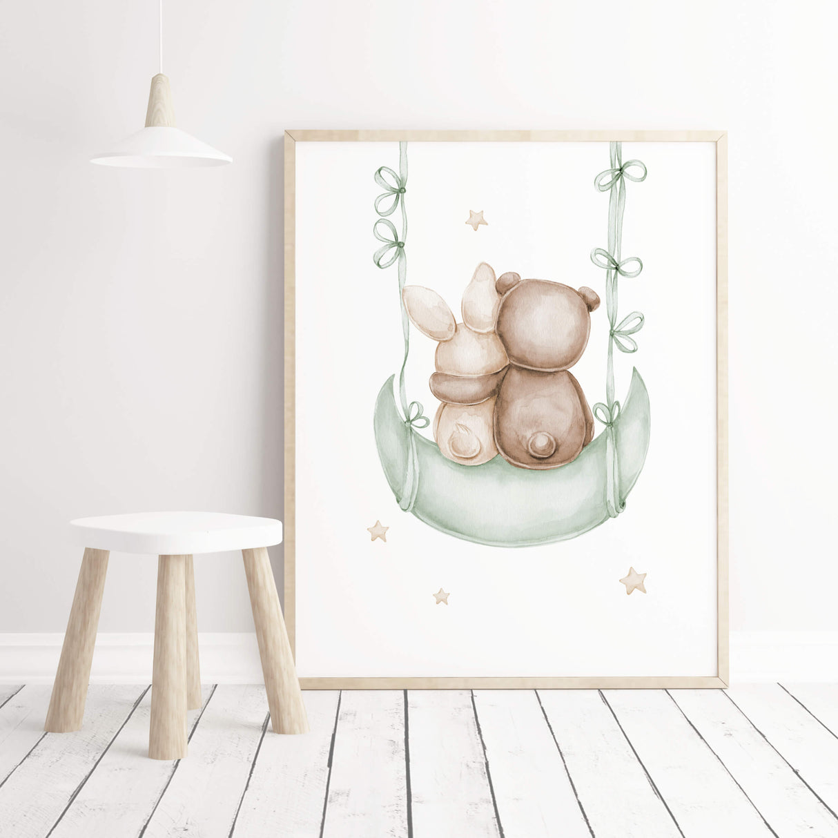 Watercolor teddy bear with bunny on the cloud print in earth tones: brown, beige, yellow and sage green colors print for gender neutral nursery decor.