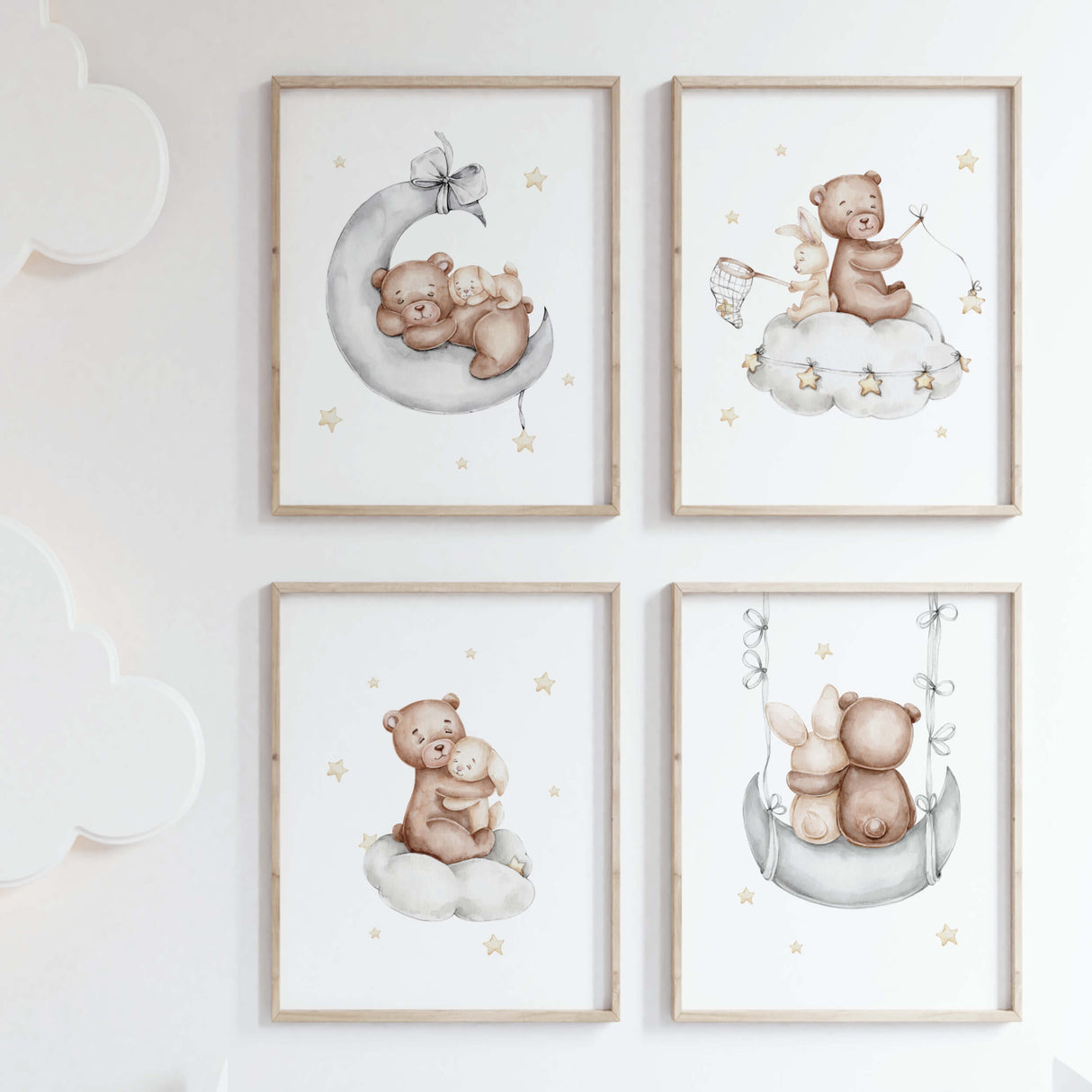 Set of 4 watercolor teddy bear with bunny poster in gray, brown, yellow colors for gender neutral nursery decor.