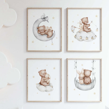 Set of 4 watercolor teddy bear with bunny poster in gray, brown, yellow colors for gender neutral nursery decor.