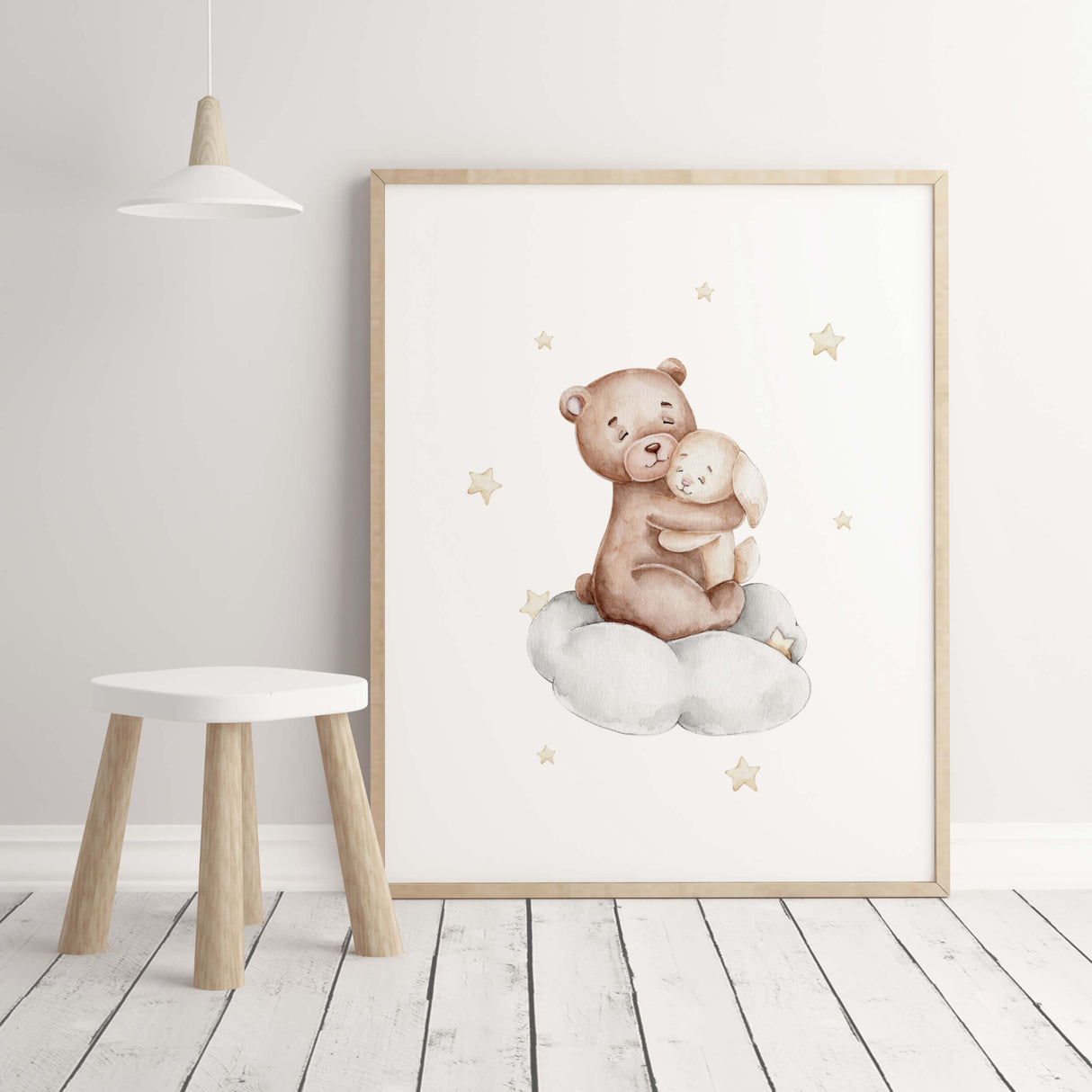 Watercolor teddy bear with bunny on the cloud print in gray, brown, yellow colors for gender neutral nursery decor, baby girls room decor, toddler room decor.